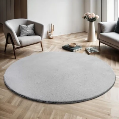 Immagine di The Carpet, Relax Tappeto moderno a pelo corto, con fondo antiscivolo, lavabile fino 30 gradi, super morbido, effetto pelliccia, 120 x cm, colore: grigio, rotondo