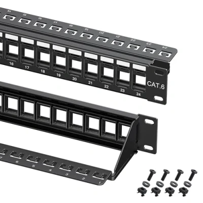 Immagine di Cable Matters Pannello patch Keystone 1U a 24 porte con gestione dei cavi e barra di supporto (pannello vuoto da 19 pollici per jack Keystone/pannello Keystone)