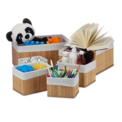Immagine di Relaxdays Cestini Portaoggetti, Set da 6, Fodera in Tessuto, Bambù, Contenitore Bagno o Armadio, Porta Giochi, Naturale