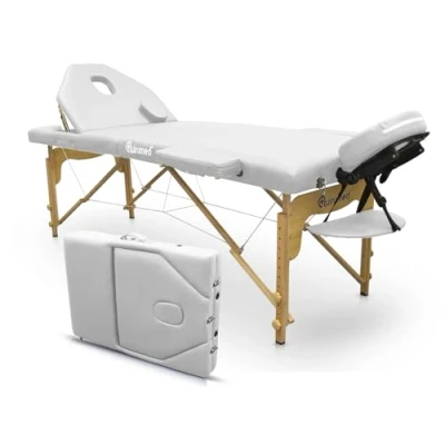 Immagine di QUIRUMED Elite Lettino da massaggio pieghevole in legno, bianco, 194 x 70 cm, similpelle, portatile, schienale pieghevole, testa rimovibile, foro per il viso, altezza regolabile, fino a 150 kg