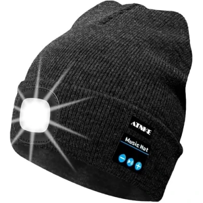 Immagine di ATNKE Berretto Bluetooth con LED Illuminato, USB Ricaricabile Wireless Musicale Cappello da Corsa Ultra Bright 4 Impermeabile Lampada Uso per Sci Escursionismo Campeggio Ciclismo (Grigio Scuro)