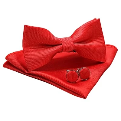 Immagine di JEMYGINS Papillon Uomo Rosso2 Regolabile in Diversi Colori con Fazzoletto e Gemelli