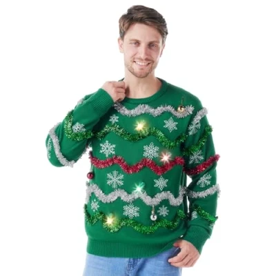 Immagine di Giggling Getup brutto maglione natalizio da uomo, con luci a LED, colore Verde, M