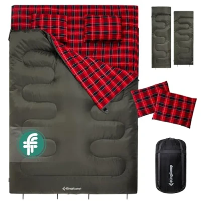 Immagine di KingCamp Sacco a pelo doppio con cuscino, 4 stagioni, per adulti e bambini, in flanella di cotone, leggero, extra large, 2 persone, campeggio, escursioni, interni ed esterni, verde