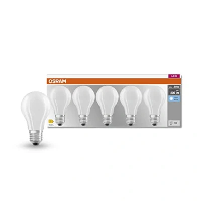 Immagine di OSRAM LED base Classic A60, lampade a filamento smerigliato in vetro per E27, forma di lampadina, bianco freddo (4000K), 806 lumen, sostituzione lampadine 60W, scatola 5
