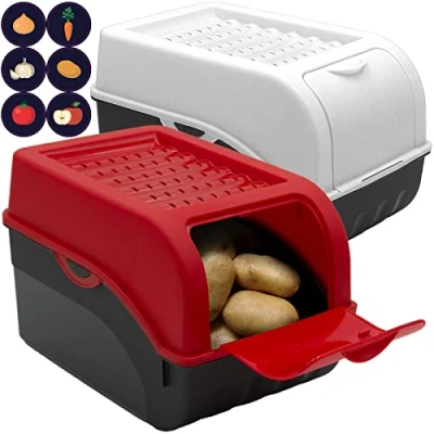Immagine di ARTECSIS Set di 2 contenitori per patate con coperchio, rosso e bianco, circa 4 kg + 6 adesivi diverse verdure