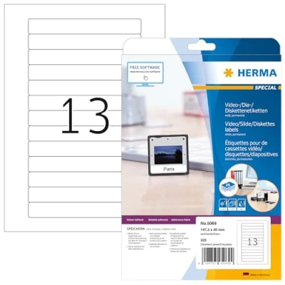 Immagine di HERMA Etichette per supporti dati Video, 147,3 x 20 mm, Adesive A4 Stampante, 13 Foglio, Bianco