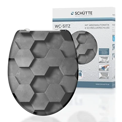 Immagine di Schütte Sedile WC HEXAGONS con abbassamento automatico, coperchio motivo e chiusura rapida per la pulizia, in Duroplast (carico massimo 150 kg), grigio