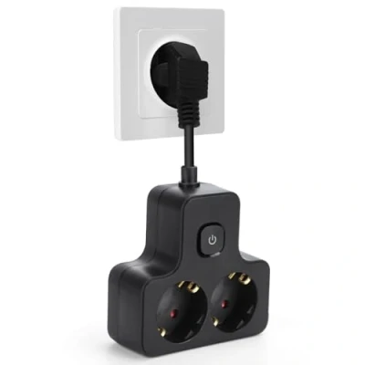 Immagine di Aigostar Adattatore con Spine Interruttrici 2 Prese, Multipresa Protezione Bambini, 16A, 250V, Cavo Bianco da 0,05m (1 Pezzo, Schuko, Nero