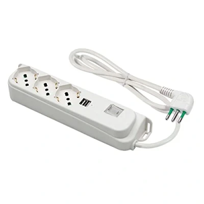 Immagine di FANTON 474504 Multipresa 3 posti + USB OMEGA ciabatta prese bipasso/schuko 2P+T 16A 2 A 5V 3A cavo 1,5 m. spina piccola 10A interruttore automatico luminoso di sovraccarico