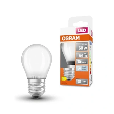 Immagine di OSRAM LED Star Classic dalla classica forma mini sferica, 5,5 W / 806 lm, luce bianca fredda (4000 K), CRI 80, realizzata in vetro smerigliato senza piombo, attacco E27, IP20, EEK D, diametro 45 mm.