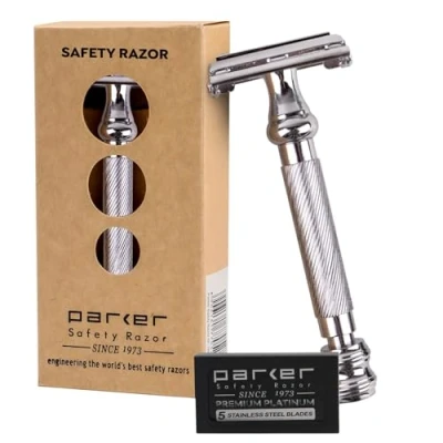 Immagine di Parker Safety Razor 99R manico lungo Heavyweight farfalla aperta Rasoio di sicurezza e 5 Lame da a Doppio Bordo