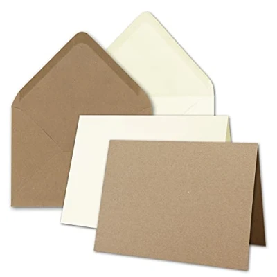 Immagine di Set di 40 biglietti pieghevoli con buste più grandi DIN B6, taglie forti, crema e carta kraft marrone,