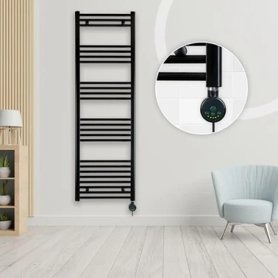 Immagine di anapont Scaldasalviette elettrico da bagno 1600 h x 500 b, nero con termostato regolazione della temperatura ambiente funzione timer Riscaldamento Made in Germany