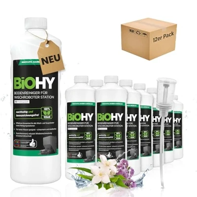 Immagine di BiOHY detergente per pavimenti robot, stazione con profumo primaverile (12 x 1 litro) + dosatore, concentrato tutti i pulitori e robot aspirapolvere funzione bagnata, braccio di