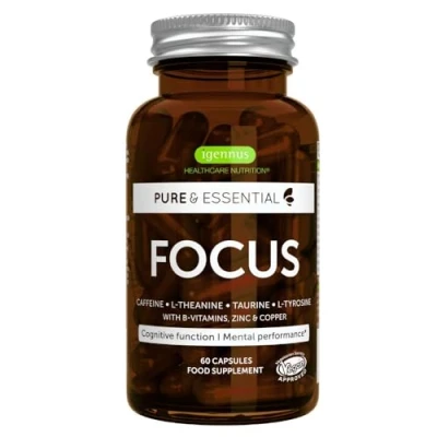 Immagine di Focus Integratore nootropico completo con 200mg di Caffeina,L Teanina, Taurina, L Tirosina piú vitamine B, zinco e rame. Energia, Concentrazione Memoria. 60 capsule vegane Igennus