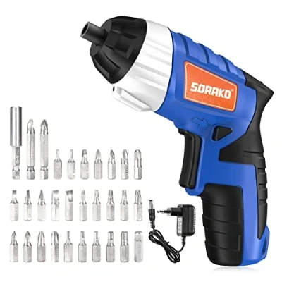 Immagine di SORAKO Avvitatore Elettrico 6Nm Cacciavite 3.6V con 30 Accessori, Luce LED, 2 Direzioni di Rotazione, Indicatore Batteria e Caricabatterie, Professionale per Fai da Te