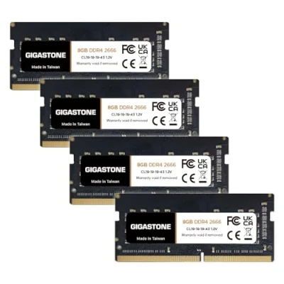 Immagine di 【DDR4 RAM】GIGASTONE 32GB Kit(4x8GB) DDR4 2666MHz(2400MHz or 2133MHz) PC4 21300(PC4 19200/17000) CL19 1.2V SODIMM 260pin Unbuffered Non ECC ideale Laptop Portatile alta prestazione Memoria Upgrade