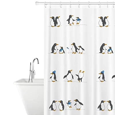 Immagine di Tatkraft Penguins Tenda da Doccia in Poliestere con Rane Divertenti, Resistente alla Muffa, Impermeabile, 180X180 cm, 12 Anelli Inclusi