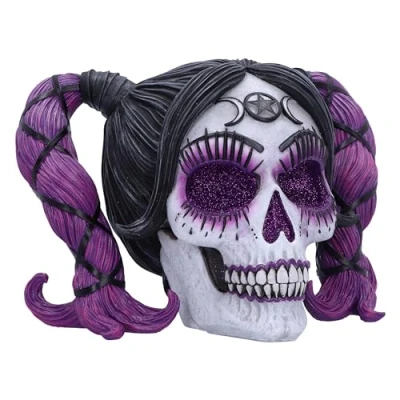 Immagine di Nemesis Now Drop Dead, statuetta di splendidi miti e magia, 20,5 cm, in resina, bambola voodoo, teschio femminile con capelli viola occhi glitterati, fusa nella migliore sapientemente
