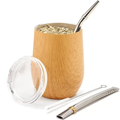 Immagine di BALIBETOV Mate Argentino Set Yerba (Tazza Mate) Acciaio Inossidabile 18/8 a Doppia Parete Include Due Bombilla e Una Spazzola per la Pulizia Autentico