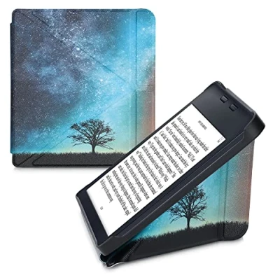 Immagine di kwmobile Custodia leggìo Compatibile con Kobo Libra 2 in Pelle Sintetica Chiusura Magnetica Case Funzione appoggio Natura e Spazio Blu/Grigio/Nero