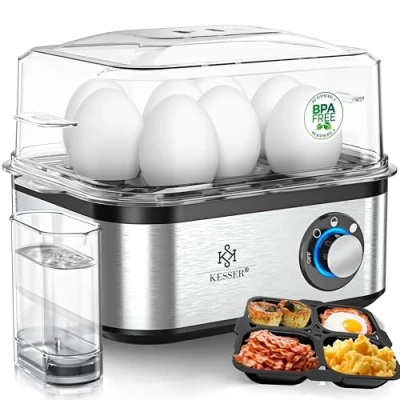 Immagine di KESSER® Cuociouova per 1 a 8 uova, Elettrico, in Acciaio Inox, 500 W e Funzione di Mantenimento del Calore, Interruttore Girevole LED, tre Gradi Durezza, senza BPA, Nero/Argento