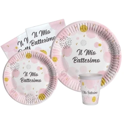 Immagine di Kit Party Tavola Battesimo per 24 persone (112 pezzi: piatti Ø23cm, Ø18cm, bicchieri 200ml, 40 tovaglioli 33x33cm) in carta compostabile eco friendly, rosa