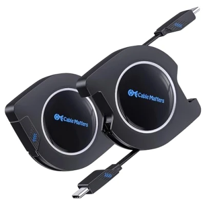 Immagine di Cable Matters Confezione da 2 cavi USB C retrattili per ricarica (cavo retrattile a C) con Power Delivery 60 W 85cm iPhone 15/15 Pro/15 Plus/15 Pro Max, iPad, Galaxy S23
