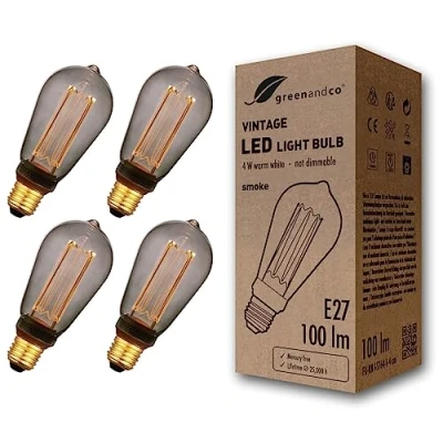 Immagine di greenandco 4x lampadina a LED di design vintage in stile retrò E27 ST64 4W 100lm 1800K 320 230V, grigio fumo, nessun sfarfallio, non dimmerabile