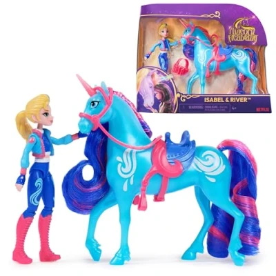 Immagine di Unicorn Academy Set, Isabel &amp; River, con 2 Accessori per l&#039;Equitazione e Strumento lo Styling dei Capelli, Bambole Unicorni Giocattolo Bambine, 4+ Anni
