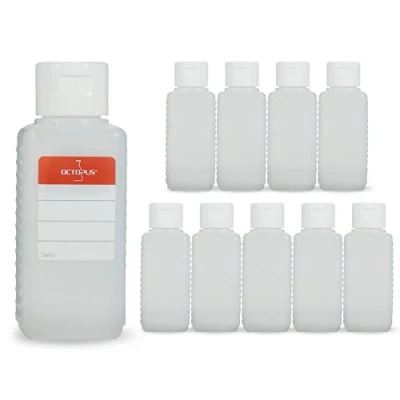 Immagine di Octopus 10 flaconi di plastica 100 ml, bottigliette HPDE con Tappo Flip Top Bianco, Bottiglie a Cerniera Quadrati Etichette adesive