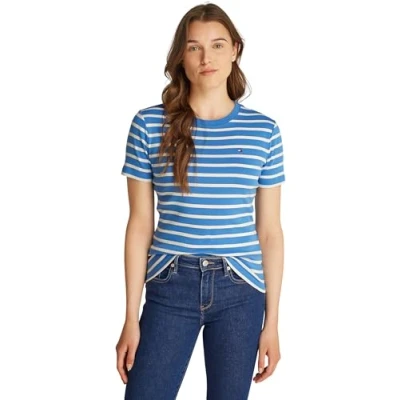 Immagine di Tommy Hilfiger New Slim Cody C NK SS WW0WW40587 Top in Maglia S/S, Blue (Fine STP Spell/Ivory Petal), L Donna