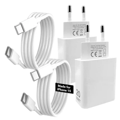Immagine di 4pz. Caricatore per iPhone 15 Pro Max Plus con Cavo Type C PHONIX Italia 2 Alimentatori Carica Batteria Rapido 20W e Cavi Ricarica USB