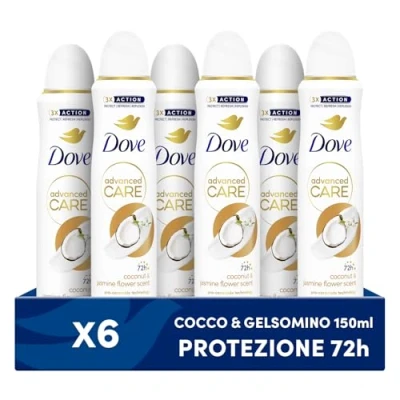 Immagine di Dove Deodorante Spray Advanced Care Go Fresh Cocco e Fiori di Gelsomino, Formula Idratante Delicata sulla Pelle, Senza Alcol, Pelle Asciutta Fino a 72 Ore, Uomo Donna, 6 Pezzi da 150ml