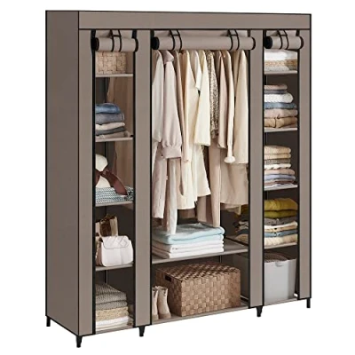 Immagine di SONGMICS, LSF003R02 Armadio in tessuto non pieghevole, 45 x 150 175 cm, con 12 ripiani e asta, struttura metallo, per camera da letto, tortora