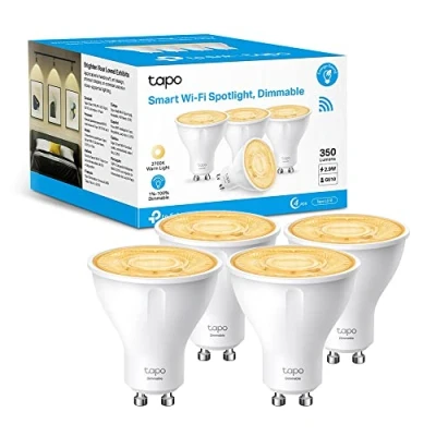 Immagine di Tapo L610 Lampadina Wi Fi Base Lampada GU10 4 Pack, Controllo Vocale Tramite Amazon Alexa, 350 lumen, 3.5W, Giallo Caldo Dimmerabile Dall&#039; 1% al 100%, 2700 K, Confezione da Pezzi