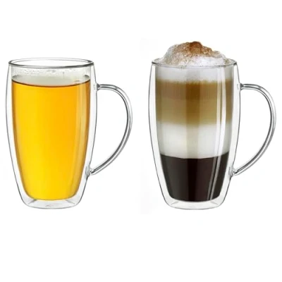 Immagine di Creano tazze in vetro termico a doppia parete con manico, 400 ml, grandi borosilicato parete, da tè/caffè, 2x400 ml