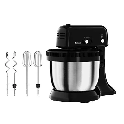Immagine di Tefal QB1108 Oh My Cake Robot da cucina 300 Watt Agitatore satellitare Ciotola 4L in acciaio inox Dimensioni compatte 5 velocità incl. 2 fruste, ganci per impastare Nero