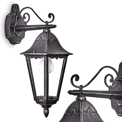 Immagine di lampada da parete per esterni Lignac, verso il basso in stile antico, fusione di alluminio nero/argento con vetro, E27, esterno retro/vintage, terrazza/cortile, senza lampadina/e