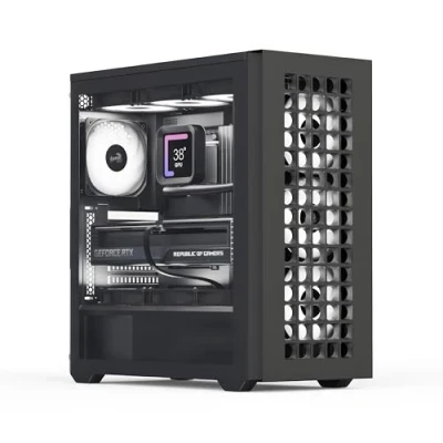 Immagine di AeroCool Custodia Mid Tower D502A, pannello frontale in rete, supporto radiatore da 360 mm, 11 slot per ventole, GPU 400 ATX/m ATX/Mini ITX, filtri antipolvere magnetici, struttura acciaio