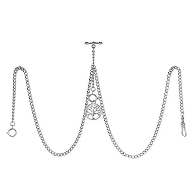 Immagine di Treeweto Orologio da tasca uomo con doppia catena Albert, 3 ganci ciondolo a forma di albero della vita, in argento antico, T