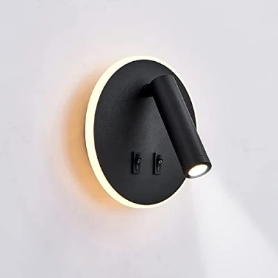 Immagine di uksunvi lampada da parete a LED, lettura sul comodino, lampade LED 12 W, faretto regolabile （3W + 9W 3000K luce calda） nero (Forma rotonda)