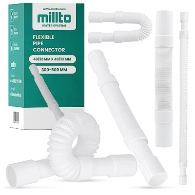 Immagine di Millto™ Tubo di scarico flessibile 40/32 mm Bianco Connettore Polipropilene Collegamento Universale Adatto a Tutte le Configurazioni Regolabile