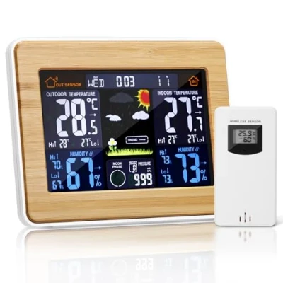 Immagine di Stazione meteorologica wireless Orologio digitale colorato Previsioni meteo interna Termometro esterno con temperatura Umidità Barometro Allarme Fase lunare Visualizzazione meteorologico