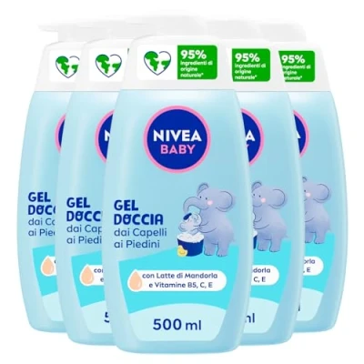 Immagine di Nivea Baby Gel Doccia dai Capelli ai Piedini Shampoo bambini Corpo e Docciashampoo delicato ipoallergenico Detergente con Latte di Mandorla 5 Flaconi da 500ml