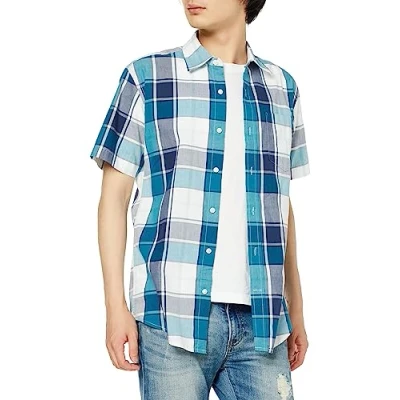 Immagine di Amazon Essentials Camicia in Popeline a Maniche Corte Regular Fit Uomo, Foglia di tè Bianco Motivo Quadri Grandi, L