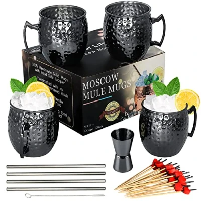 Immagine di LINALL Moscow Mule Mug Set di 4 tazze in acciaio inossidabile placcato nero, 18 oz, per bevande bambini (4 pezzi)