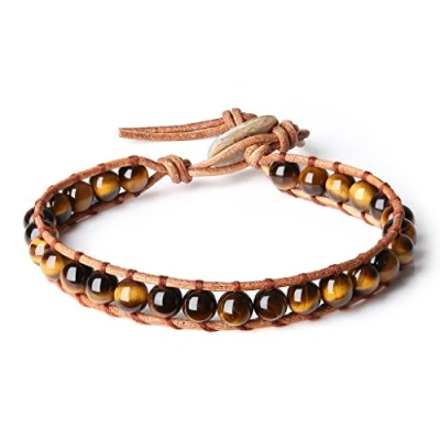 Immagine di COAI Bracciale Regolabile Realizzato a Mano in Pelle e Pietre Benefiche Narurali Occhio di Tigre