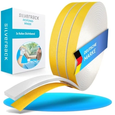 Immagine di SilverRack Guarnizione autoadesiva per porta, 15 m, colore bianco, 6 mmx1.5 mm, 3 rotoli da 5 paraspifferi risparmiare sui costi di riscaldamento